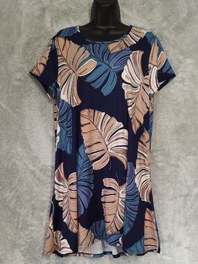 Navy Blue Tropical Print Midi Dress